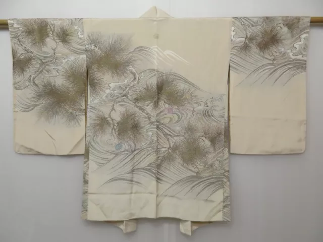 0914T01z580 Vintage Japanese Kimono Silk HAORI Off-white Pine, Wave