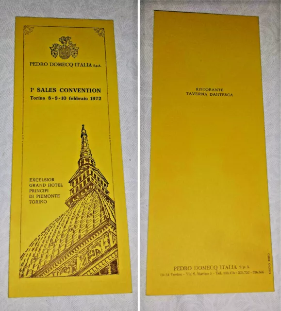 1972 Menu' - Excelsior Grand Hotel - Principi Di Piemonte - Taverna Dantesca