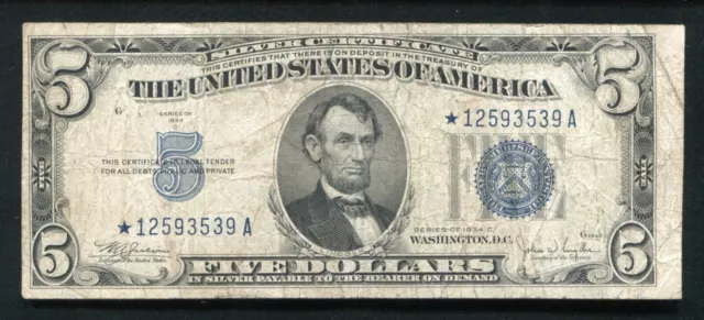 1934-C $5 Five Dollars *Star* Silver Certificate Currency Note Very Fine