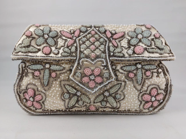Vintage Signed Michel Swiss Beaded Satin Clutch Purse, Flowers with Snap Closure