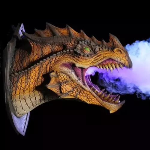 Wall Mounted Dinosaur Sculpture 3D LED Smoke Dragon Head Prop Art Home Decor