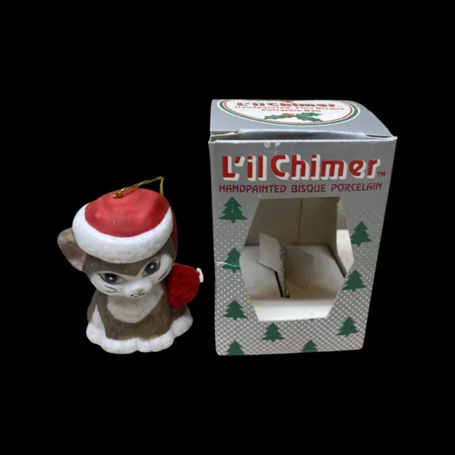 Vtg L'il Chimer Bisque Porcelain Christmas Ornament Bell Jasco Cat Kitty W/ Box