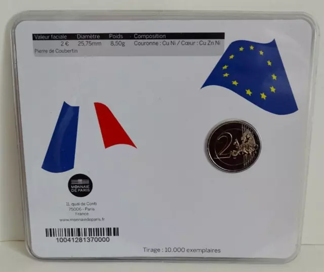 +Coincard 2 Euros France Commémorative en BU. Année 2013. Anniversaire COUBERTIN