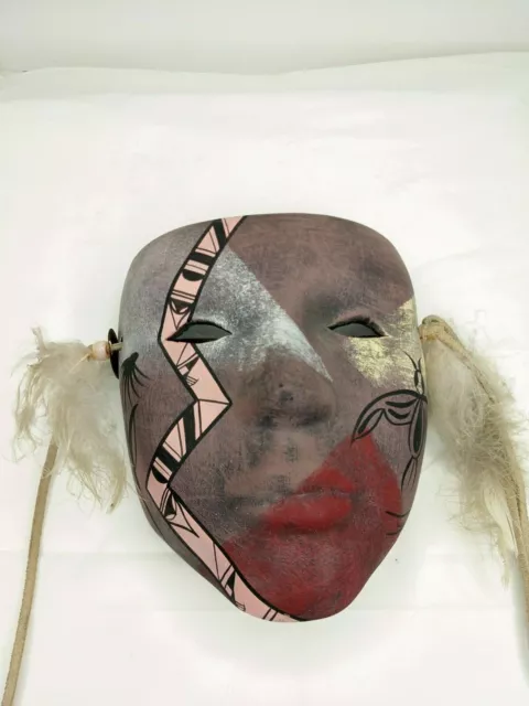 Pottery Art Face Mask Artisan Handmade Feathers Tribal Wall Table Decor Vintage