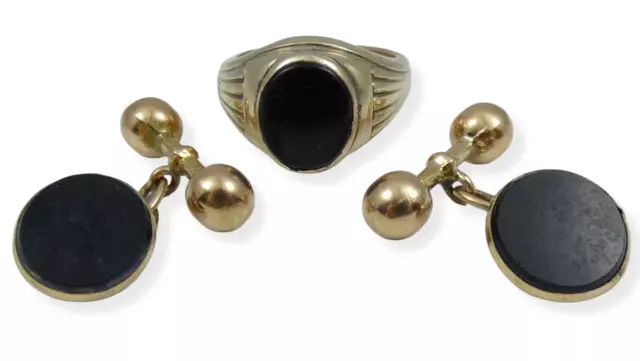 Vintage Large 9ct Yellow Gold Black Onyx 3pc Mens Signet Ring Cufflink Set 59 R