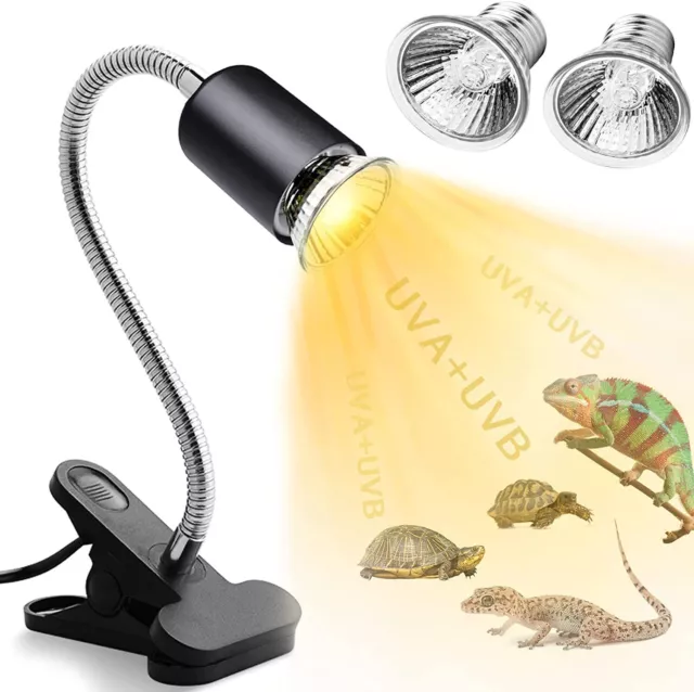 Reptile Heat Lamp Turtle Lizard 2 Bulb Adjustable Basking Heating Lamp with Clip