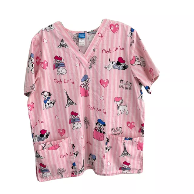 Disney 101 Dalmatians in Paris Pink White Stripe Nursing Scrub Top Womens L Fun