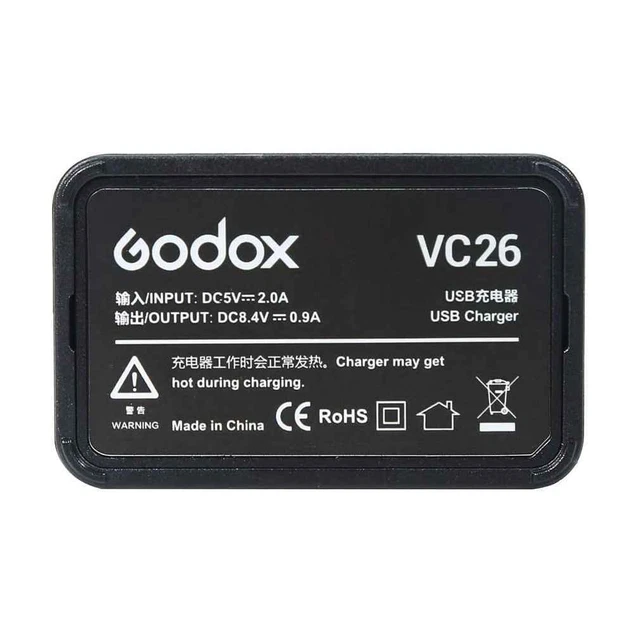 Chargeur USB Godox VC26 Pour Batteries Flash V1 Et V860III - Entrée 5V, Sortie 8.4V - Compatible Tête Ronde