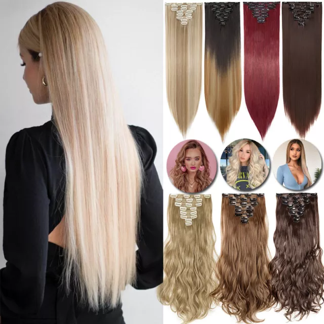 100% Real Natural Clip in Hair Extensions Full Head Long Wavy 8 Piece as Human