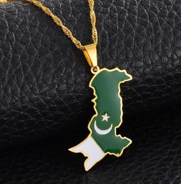 GOLD PLATED ISLAMIC Republic of Pakistan Flag Map Necklace Pendant