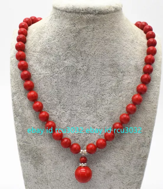 Natural 10mm South Sea Red Coral Round Gemstone Beads Pendant Necklace 18'' AAA
