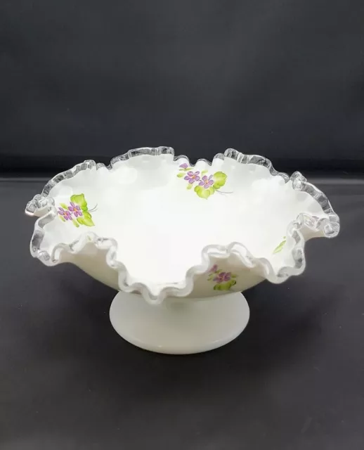 Fenton White Milk Glass Silver Crest Ruffled Edge Footed Dish Hand Painted READ