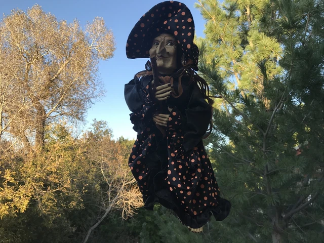 Flying Witch Doll Halloween Large Curved Nose Broom Polka Dots Barefoot Rare Vtg