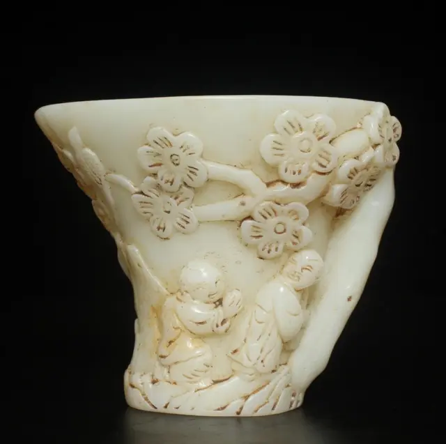 Old Chinese White Jade Statue Cup w/ plum blossom