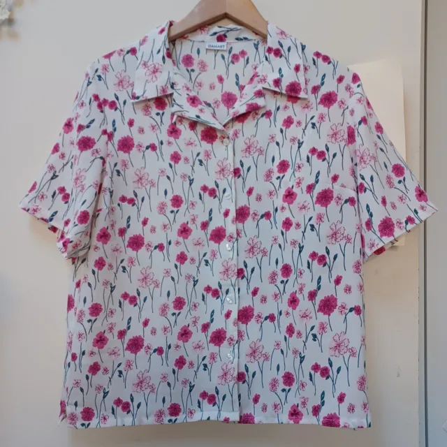 DAMART Size 12 White & Pink Floral Blouse Collared Shirt (D)