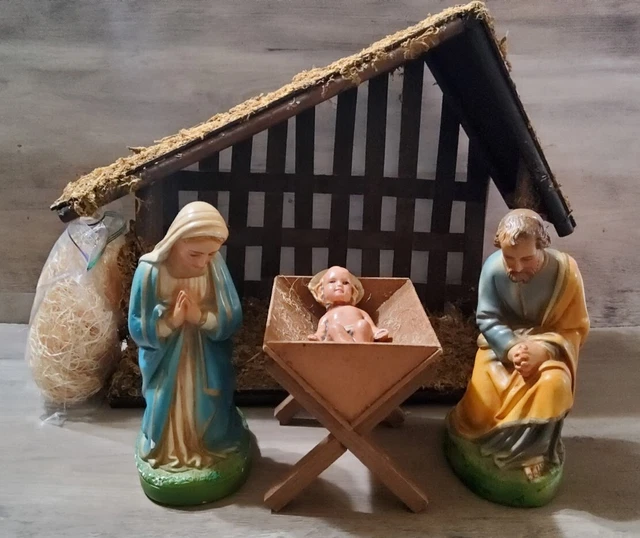 VINTAGE CHALKWARE NATIVITY Set Joseph Mary Baby Jesus Manger Shelter