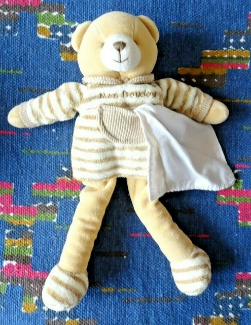 Op/ Mon Doudou Et Compagnie Ours Beige Marron Ecru Raye Mouchoir Blanc Poche Tbe