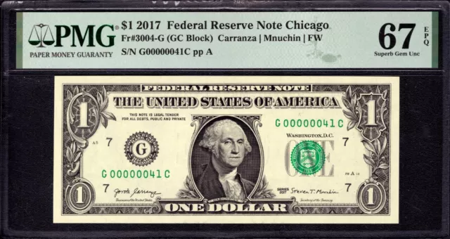 2017 $1 Frn Note Currency Chicago Low Serial Number 41 Pmg Superb Gem 67 Epq