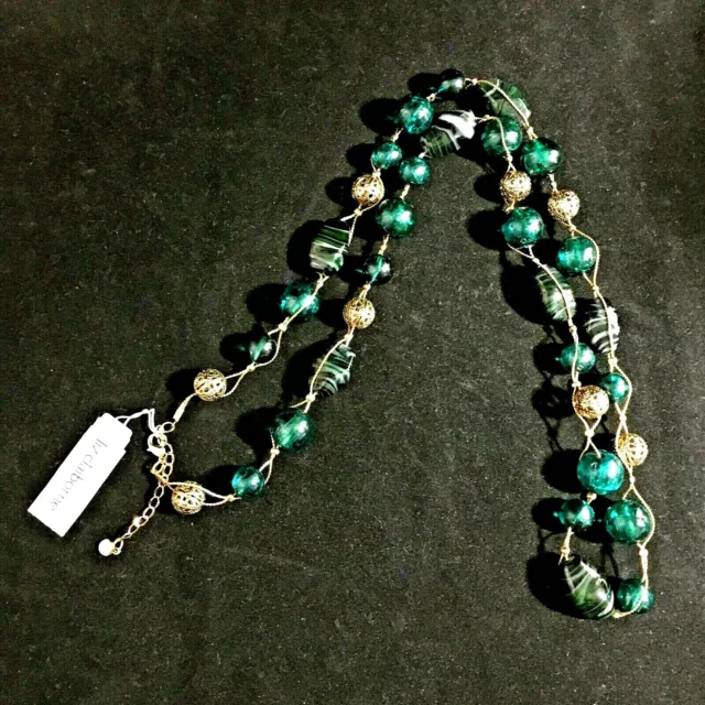 Liz Claiborne Necklace 32" Gold Tone Chain Wrapped Agates Beads NWT Green Blue