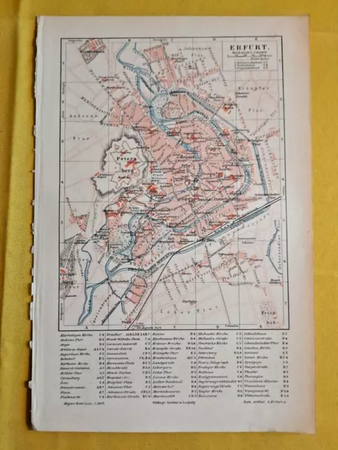 1895 ERFURT VINTAGE MAP Germany City Plan Color Original C10-2