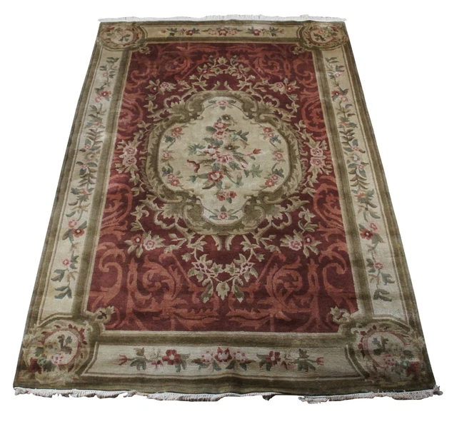 Vintage French Aubusson Red Floral Wool Area Rug Carpet Mat 6' x 9'