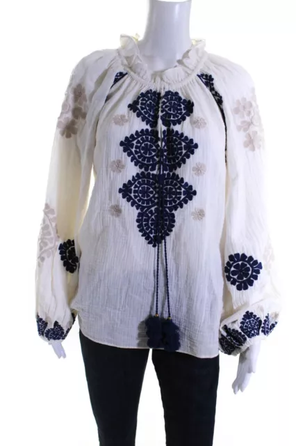 Figue Womens White Cotton Floral Embroidered V-neck Ruffle Blouse Top Size S