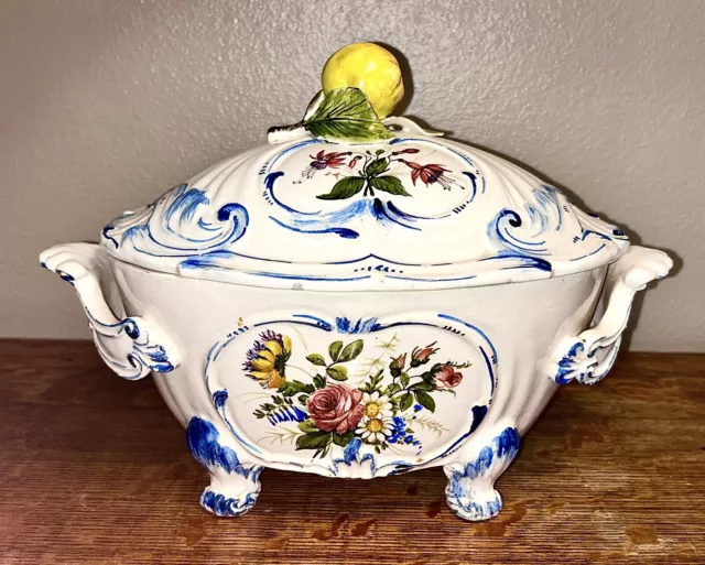 Antique Italian Majolica Tureen/Serving Dish Lid Handpainted Flowers Multicolor