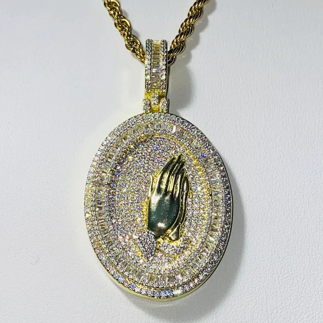 Real Moissanite 2Ct Praying hands Dog Tag Prayers Pendant 14K Yellow Gold Finish