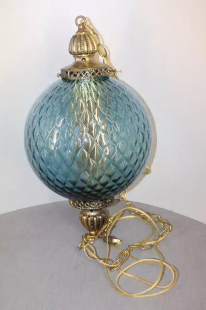 Vintage Mid Century Globe Hanging Swag Lamp Light Chain Pendant Orb Rare Blue