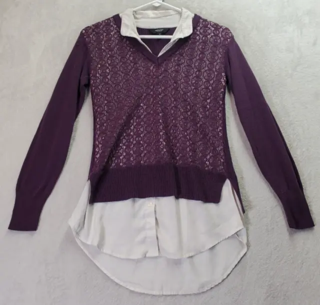 Simply Vera Vera Wang Top Womens Size XS Purple Lace Cotton Long Sleeve Collared