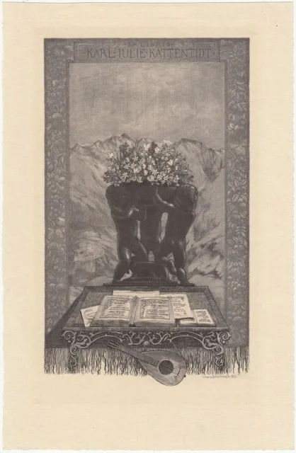 Exlibris Bookplate Radierung Hanns Bastanier 1885-1966 Putti Berge Laute Buch