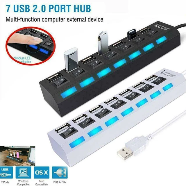 Hub USB 2.0 - 7 Ports - Splitter Pour Ordinateur Portable/PC - Câble Plat 47cm - Alimentation Externe Conseillée