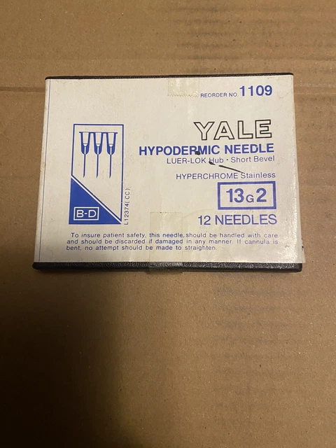 Vintage BD Yale 12 Pack Of Hypodermic Needles 13G2 Luer-Lok Hub Short Bevel 1109