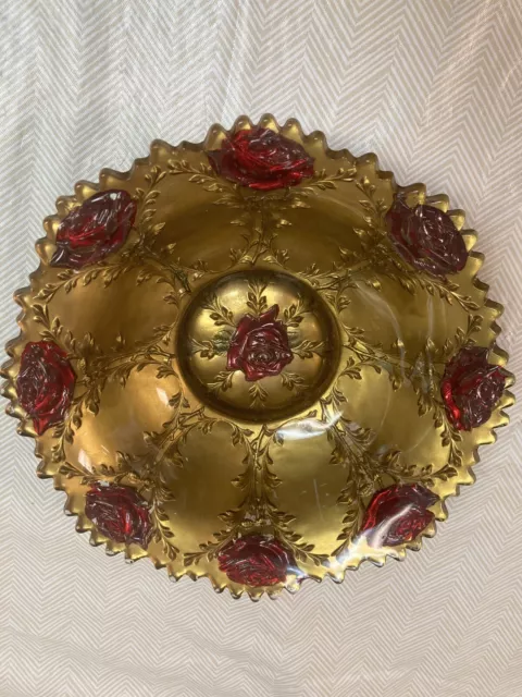 Antique Ornate Goofus Glass Reverse Painted Floral Bowl Gold Red 9” Wide
