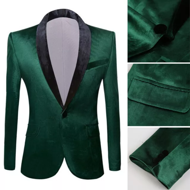 Uomo Velluto Verde Giacca Smoking Abito Festa Elegante Ballo Cena Cappotto Top