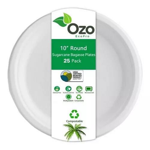 Sugarcane Plates Round 10" 25 Packets By Ozo EcoPro