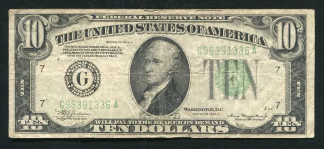 1934-A $10 Ten Dollars Frn Federal Reserve Note Chicago, Il Very Fine (B)