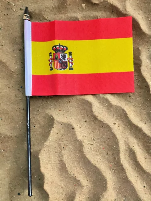 SPAIN with crest HAND WAVING FLAG Small 6" x 4" with black pole SPANISH MADRID