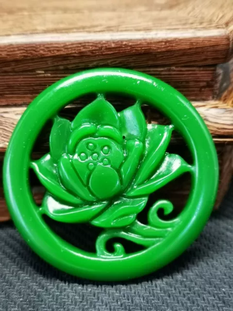 Perfect Chinese Green Jade Precision Carved Hollowed Out Lotus Pendant F10