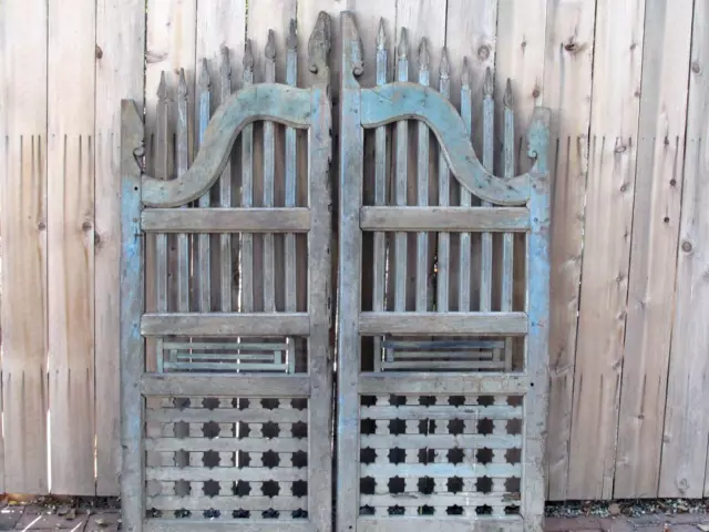 Antique Rustic Teak Wood pair of Gates Trace blue Paint 46" wide 68" tall