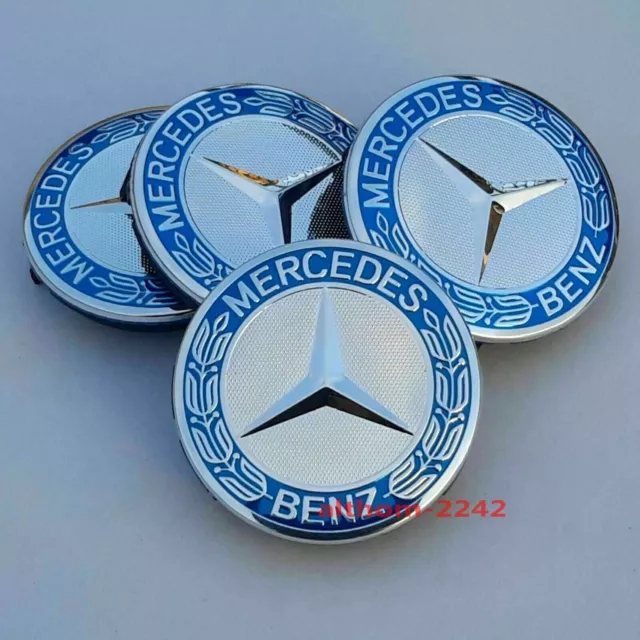 4x Mercedes Benz Wheel Centre Caps 75mm Badges Blue Hub Emblem