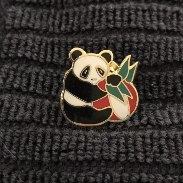 Panda Lapel Pin Gold Tone Trim Leaves Ball Enamel Tie Tack Pinback Vintage