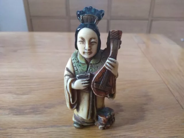 Vintage Handcarved Chinese/Asian Resin Painted Figurine Playing Oriental Lute