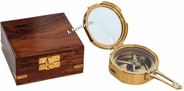 Boussole De Poche Vintage En Laiton Vieilli – Avec étui En Cuir Marron, Taille 5,1 Cm, Réplique Nautique