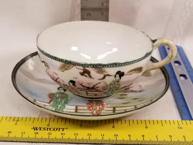 Nippon Japanese Hand Painted Gold Beaded Landscape gaisha Tea Cup & Saucer