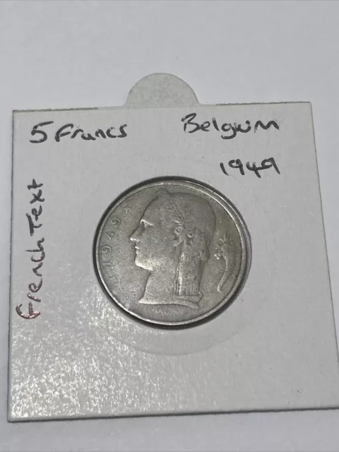 1949 Belgium 5 Francs Coin French Text