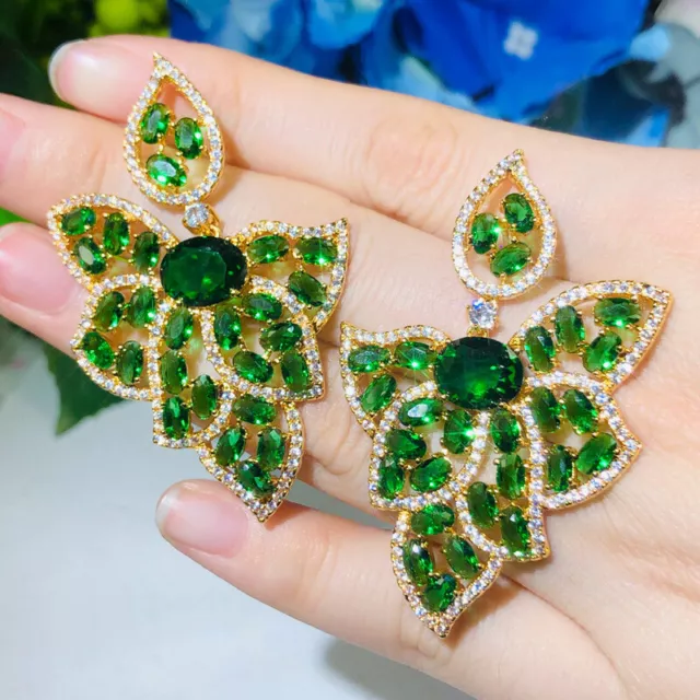 Green Big Leaf Dangle Earrings CZ 925 Silver Women Costume Jewelry Accessories