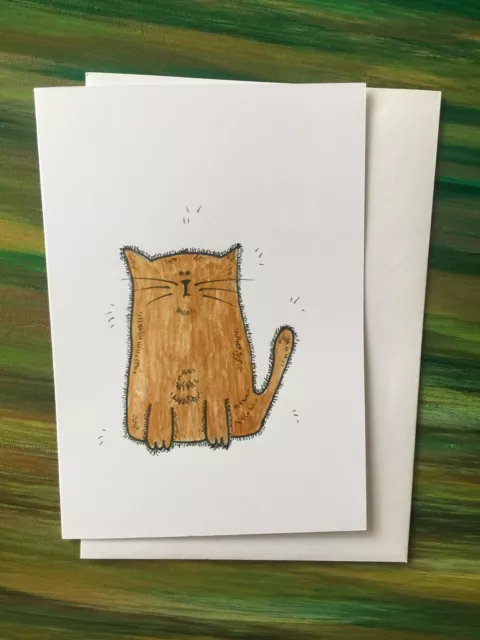 Original handbemalte Grußkarte goldene Ingwerkatze, verrückte Katze Dame, Katze Vater