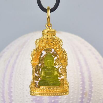Buddha Image Gold Vermeil Sterling Pagoda Green Chalcedony Pendant Amulet 16.22g