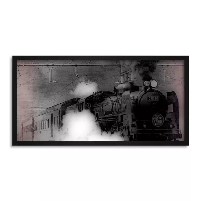 Steam Train Engine Long Panel Framed Wall Art Print 12x25 Inch